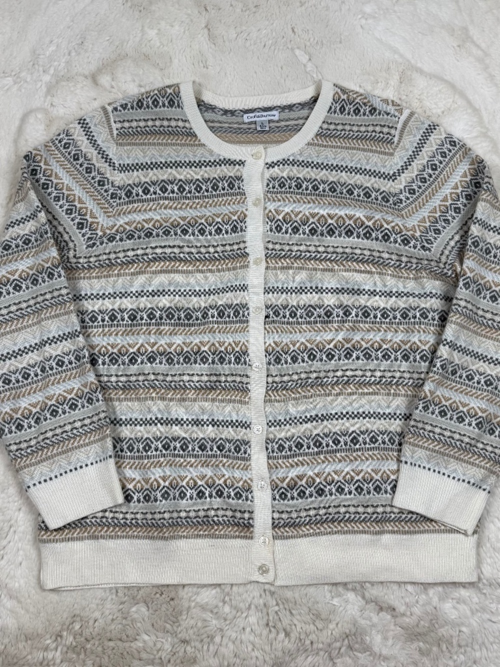Croft & Borrow Women's Fair Isle Knit Sweater Button Up Cardigan Large